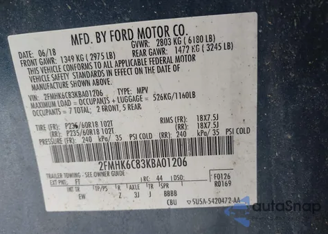 2019 Ford Flex Sel из США, поврежденный, VIN 2FMHK6C83KBA01206